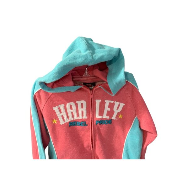 Harley Davidson Girl Size 10 12 Pink Sparkle Full Zip Jacket Coat Hooded Hoodie - Picture 2 of 4